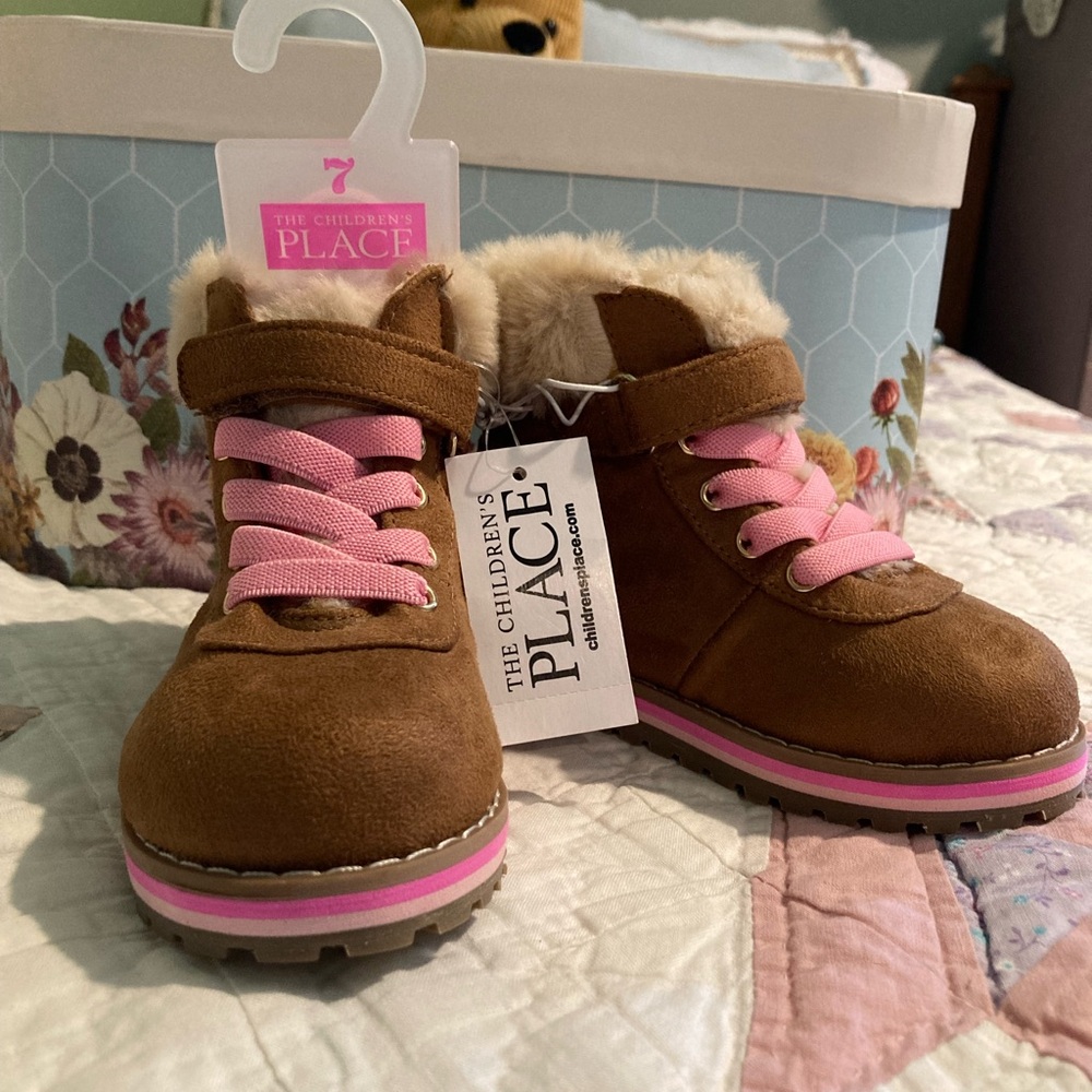 The Children's Place Brown Suede-Look Kids Boots with Pink Accents